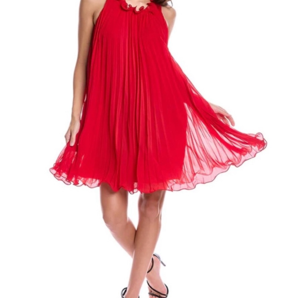 Trina Turk Ely Pleated Mini Dress With Ruffled Collar in Red Size 6
